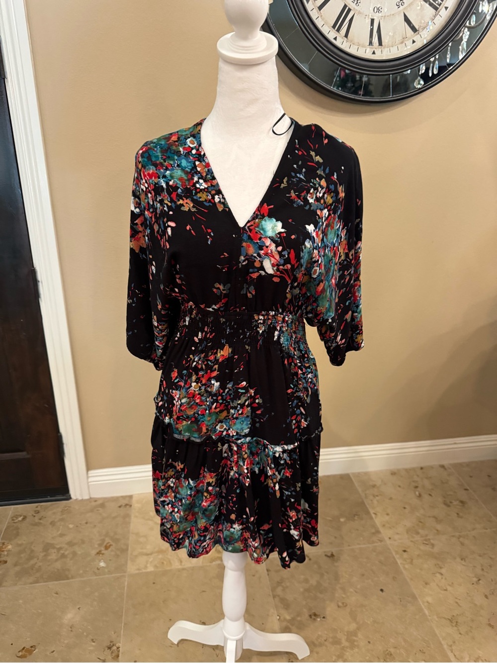 lovestitch Black Floral V-Neck Tiered Midi Dress